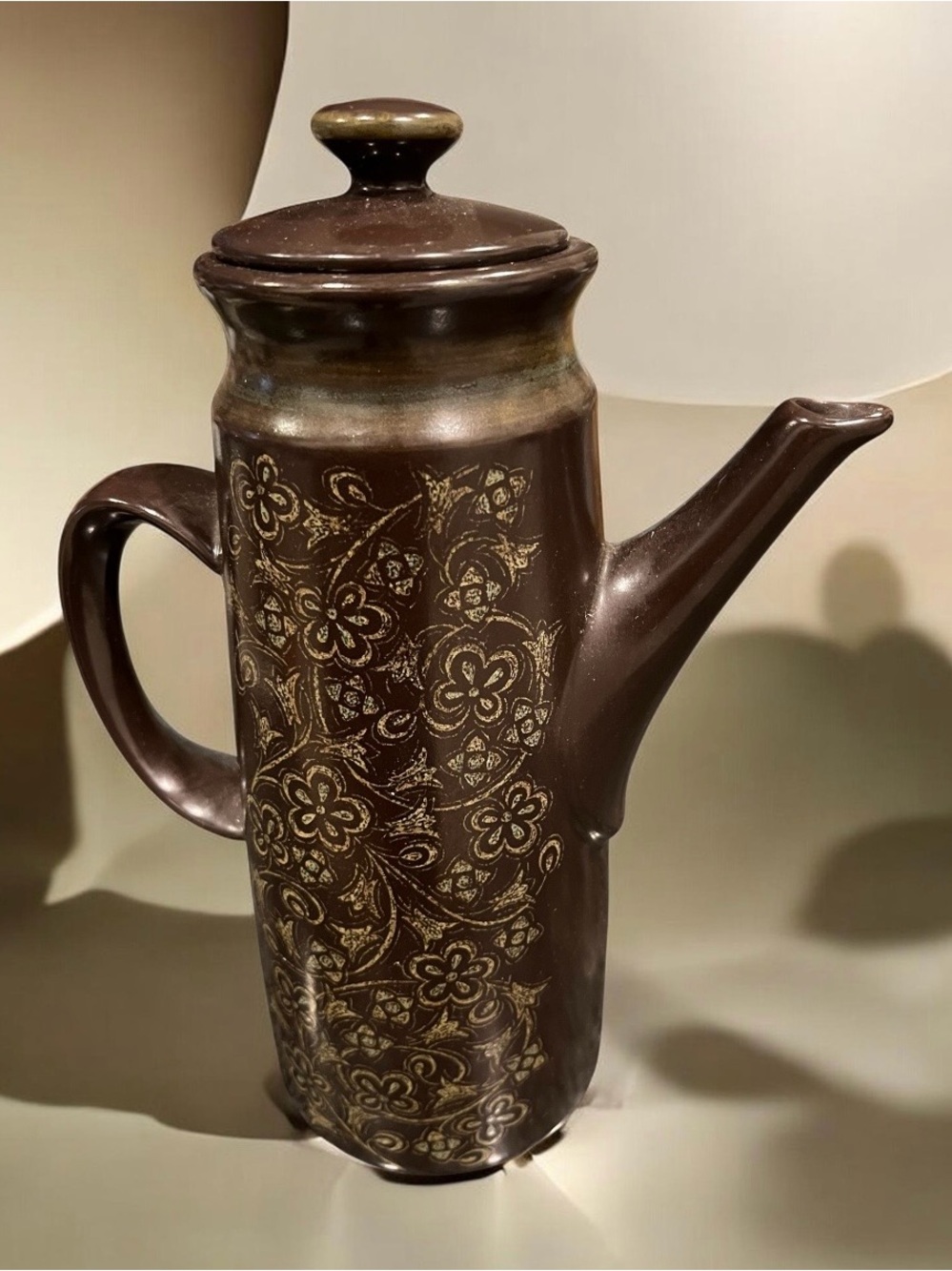 vintage 1960s Franciscan Madeira coffee pot with brown glaze and floral pattern